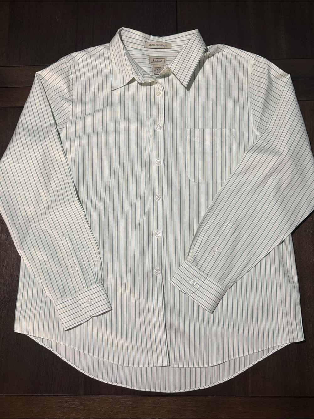 L.L. Bean Women's White Button-Down Shirt with Green Pinstripes